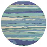 Photo of Ocean Blue Hand Hooked UV Treated Abstract Waves Round Indoor Outdoor Area Rug