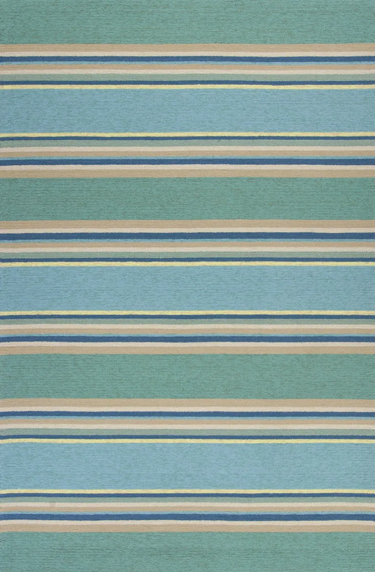 Ocean Blue Hand Hooked UV Treated Awning Stripes Indoor Outdoor Accent Rug Photo 1