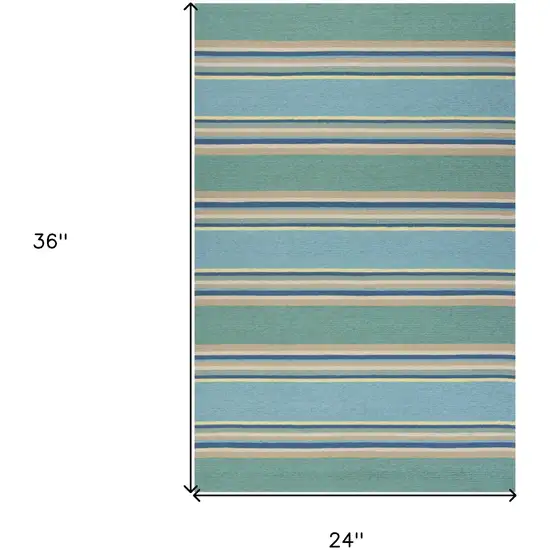 2'X3' Ocean Blue Hand Hooked Uv Treated Awning Stripes Indoor Outdoor Accent Rug Photo 8