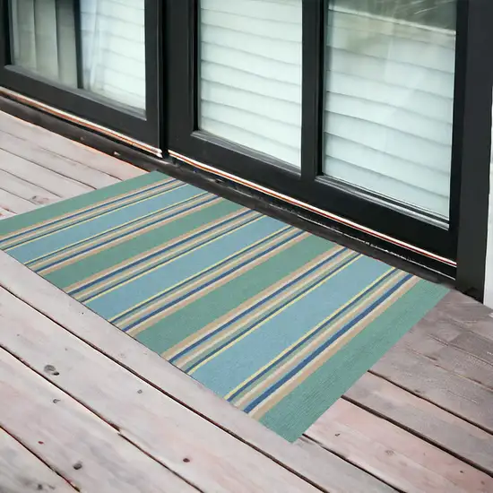 2'X3' Ocean Blue Hand Hooked Uv Treated Awning Stripes Indoor Outdoor Accent Rug Photo 1