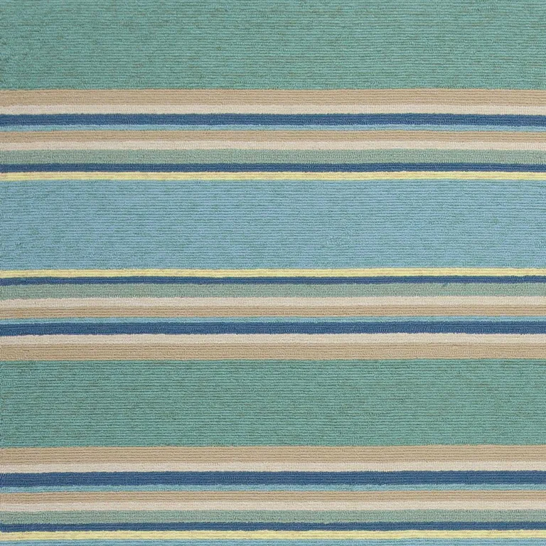 Ocean Blue Hand Hooked UV Treated Awning Stripes Indoor Outdoor Accent Rug Photo 3