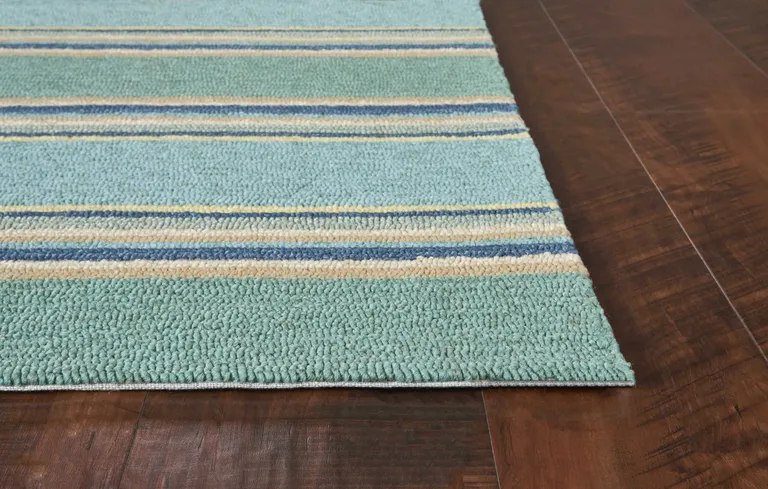 Ocean Blue Hand Hooked UV Treated Awning Stripes Indoor Outdoor Accent Rug Photo 5