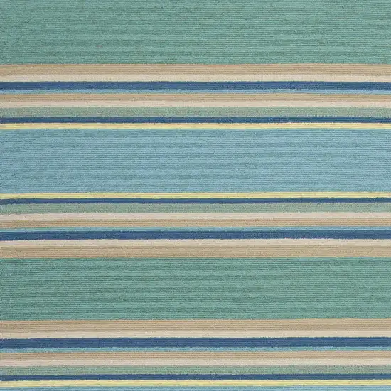 Ocean Blue Hand Hooked UV Treated Awning Stripes Indoor Outdoor Area Rug Photo 3
