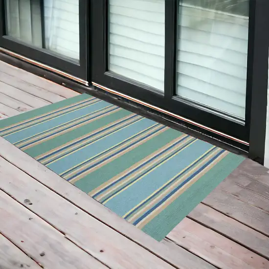 3'X5' Ocean Blue Hand Hooked Uv Treated Awning Stripes Indoor Outdoor Area Rug Photo 1