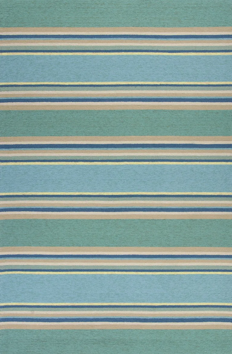 Ocean Blue Hand Hooked UV Treated Awning Stripes Indoor Outdoor Area Rug Photo 1