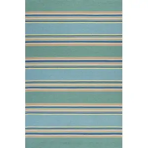 Photo of Ocean Blue Hand Hooked UV Treated Awning Stripes Indoor Outdoor Area Rug