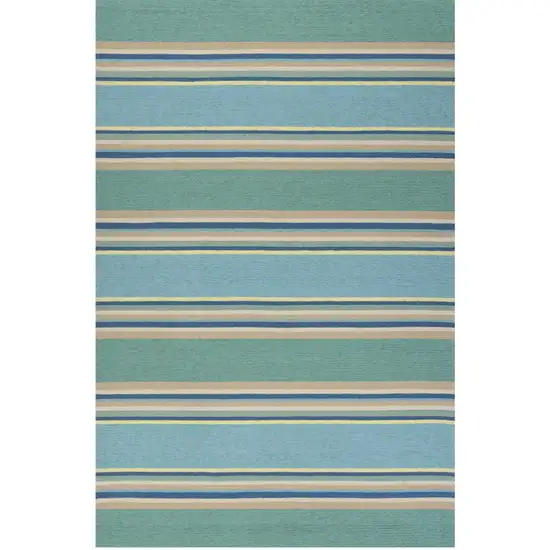 3'X5' Ocean Blue Hand Hooked Uv Treated Awning Stripes Indoor Outdoor Area Rug Photo 1
