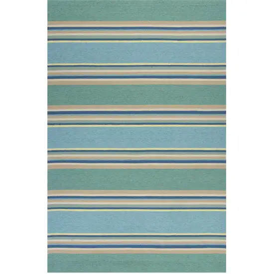 8'X10' Ocean Blue Hand Hooked Uv Treated Awning Stripes Indoor Outdoor Area Rug Photo 1