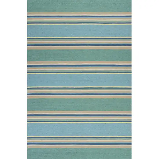Ocean Blue Hand Hooked UV Treated Awning Stripes Indoor Outdoor Area Rug Photo 1