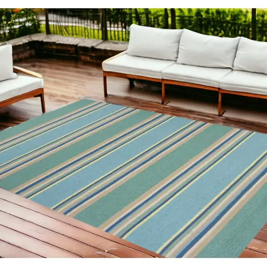 8'X10' Ocean Blue Hand Hooked Uv Treated Awning Stripes Indoor Outdoor Area Rug Photo 1