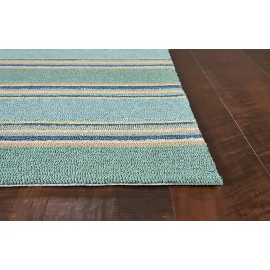 Ocean Blue Hand Hooked UV Treated Awning Stripes Indoor Outdoor Area Rug Photo 5