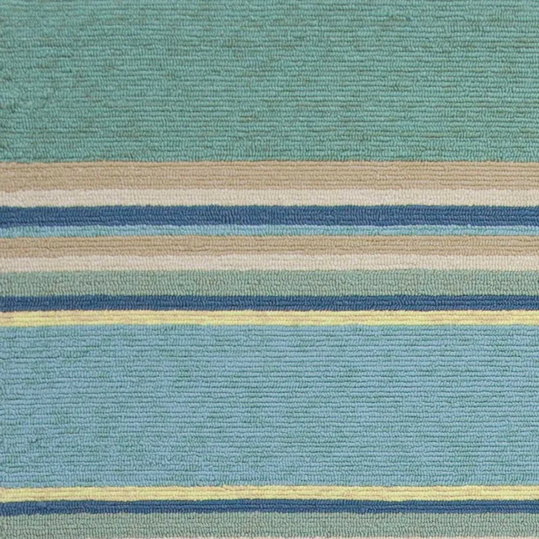 Ocean Blue Hand Hooked UV Treated Awning Stripes Indoor Outdoor Area Rug Photo 2
