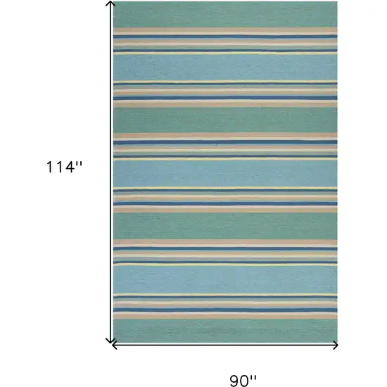 8'X10' Ocean Blue Hand Hooked Uv Treated Awning Stripes Indoor Outdoor Area Rug Photo 7