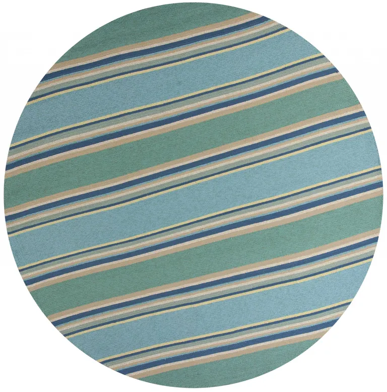 Ocean Blue Hand Hooked UV Treated Awning Stripes Round Indoor Outdoor Area Rug Photo 1