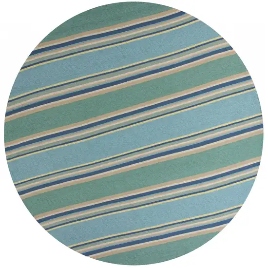 Ocean Blue Hand Hooked UV Treated Awning Stripes Round Indoor Outdoor Area Rug Photo 1