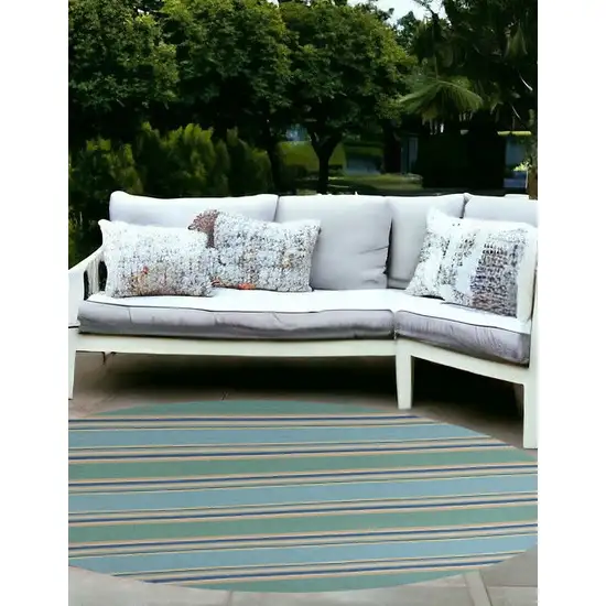 8' Ocean Blue Hand Hooked Uv Treated Awning Stripes Round Indoor Outdoor Area Rug Photo 1