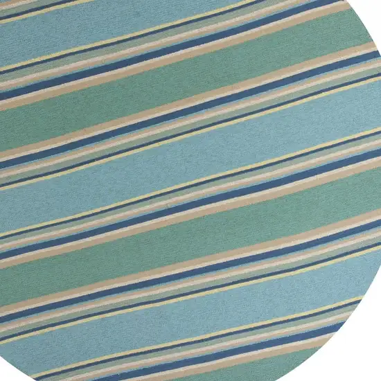 8' Ocean Blue Hand Hooked Uv Treated Awning Stripes Round Indoor Outdoor Area Rug Photo 6