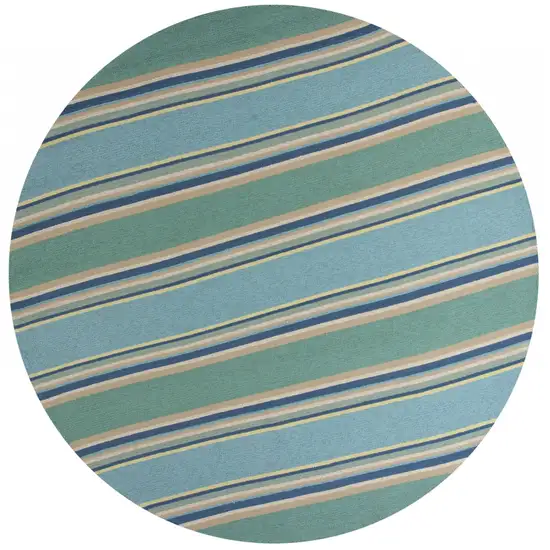 8' Ocean Blue Hand Hooked Uv Treated Awning Stripes Round Indoor Outdoor Area Rug Photo 2