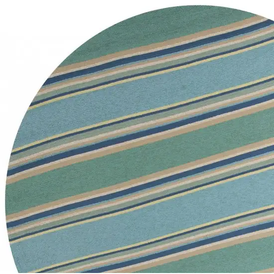 Ocean Blue Hand Hooked UV Treated Awning Stripes Round Indoor Outdoor Area Rug Photo 2