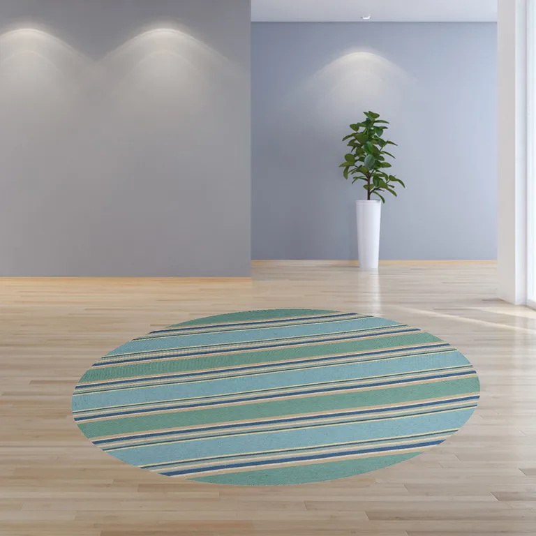 Ocean Blue Hand Hooked UV Treated Awning Stripes Round Indoor Outdoor Area Rug Photo 3