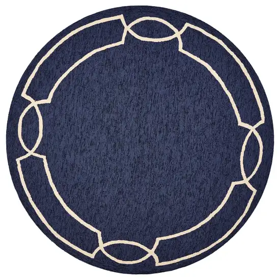 7' Ocean Blue Hand Hooked Uv Treated Bordered Round Indoor Outdoor Area Rug Photo 2