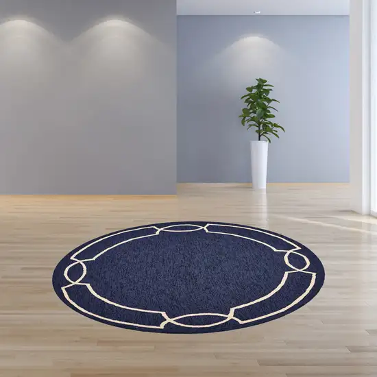 Ocean Blue Hand Hooked UV Treated Bordered Round Indoor Outdoor Area Rug Photo 4