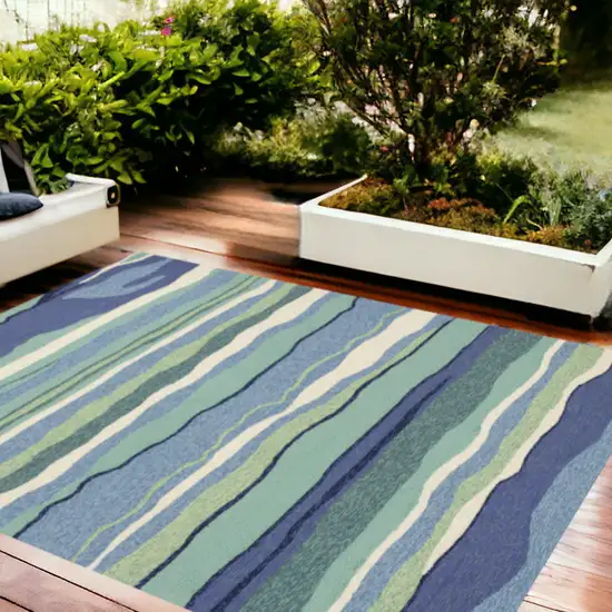 8'X10' Ocean Blue Hand Woven Uv Treated Ocean Waves Indoor Outdoor Area Rug Photo 1