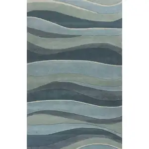 Photo of Ocean Blue Teal Hand Tufted Abstract Waves Indoor Area Rug