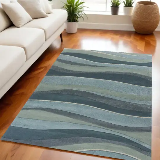 Aquamarine Abstract Waves Hand Tufted Wool Area Rug Photo 1