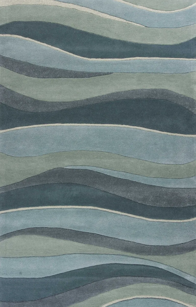 Ocean Blue Teal Hand Tufted Abstract Waves Indoor Area Rug Photo 1