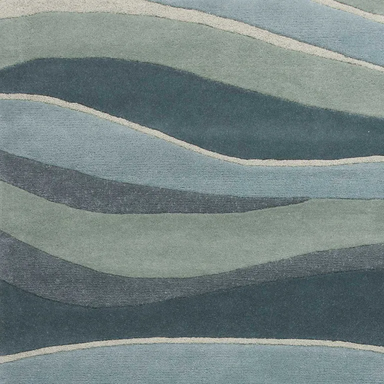 Ocean Blue Teal Hand Tufted Abstract Waves Indoor Area Rug Photo 3