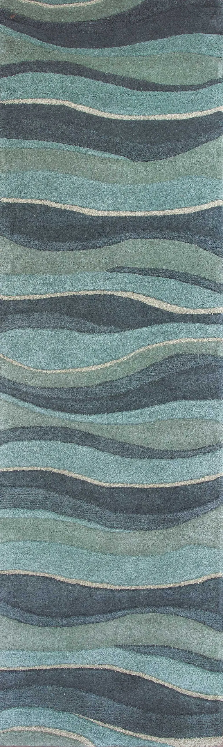 Ocean Blue Teal Hand Tufted Abstract Waves Indoor Runner Rug Photo 1