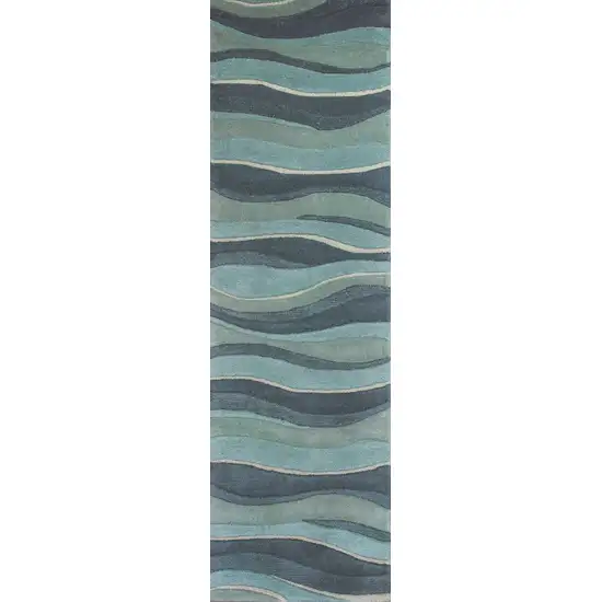 Ocean Blue Teal Hand Tufted Abstract Waves Indoor Runner Rug Photo 1