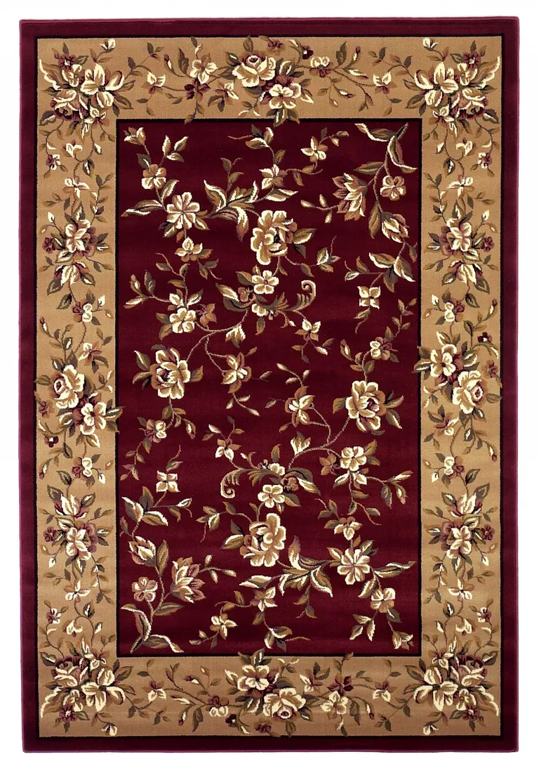 Octagon Red or Beige Floral Bordered Indoor Area Rug Photo 1