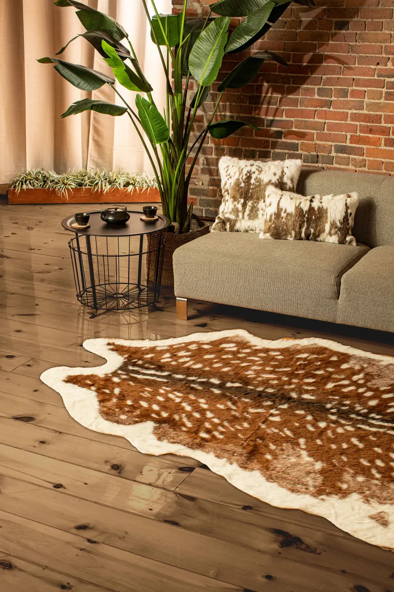 Off White And Brown Faux Cowhide Tufted Washable Non Skid Area Rug Photo 4