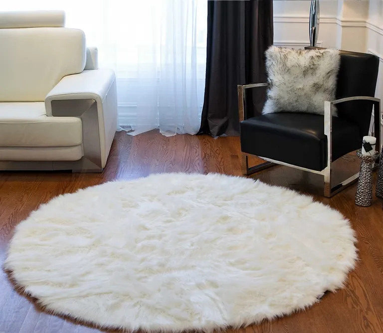 Off White Circular Faux Fur Area Rug Photo 3