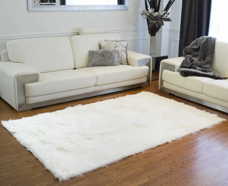 Off White Faux Fur Rectangular Area Rug Photo 3