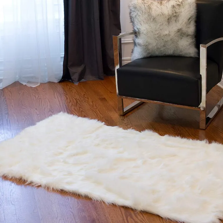 Off White Rectangular Faux Fur - Area Rug Photo 3