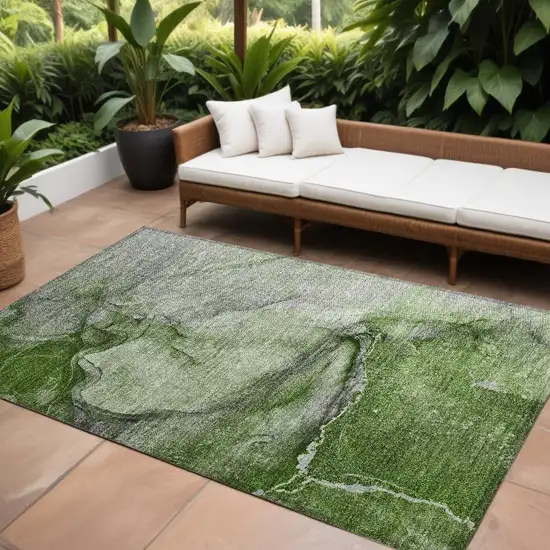 Olive Green Abstract Washable Non Skid Indoor Outdoor Area Rug Photo 1