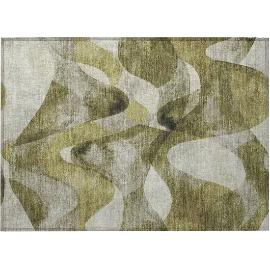 Olive Green Abstract Washable Non Skid Indoor Outdoor Area Rug Photo 2