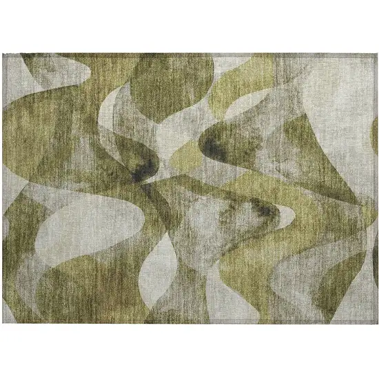 Olive Green Abstract Washable Non Skid Indoor Outdoor Area Rug Photo 2