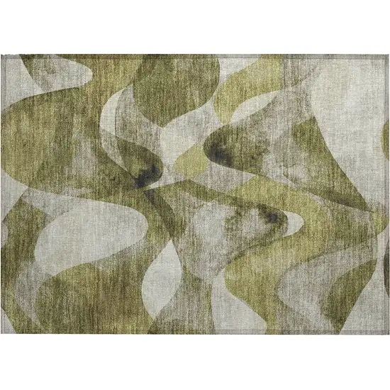 Olive Green Abstract Washable Non Skid Indoor Outdoor Area Rug Photo 1