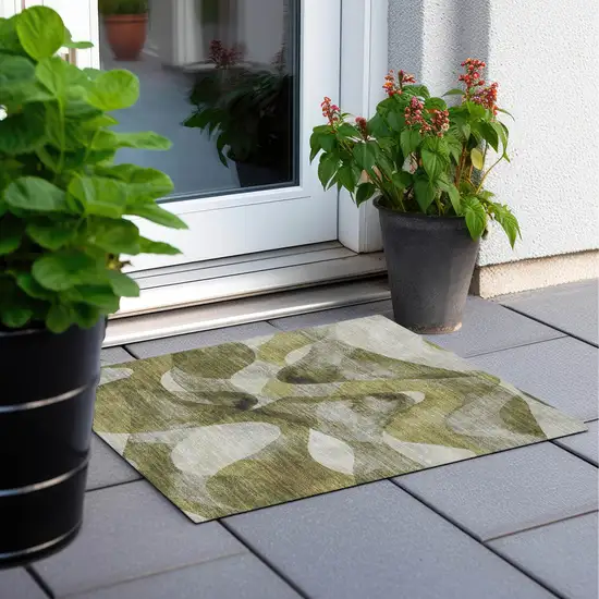 Olive Green Abstract Washable Non Skid Indoor Outdoor Area Rug Photo 6