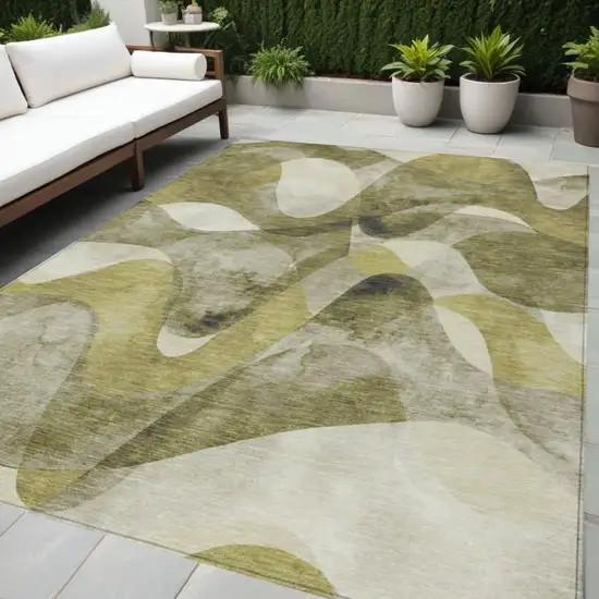 Olive Green Abstract Washable Non Skid Indoor Outdoor Area Rug Photo 1