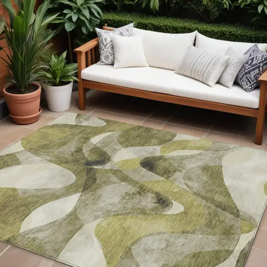 Olive Green Abstract Washable Non Skid Indoor Outdoor Area Rug Photo 1