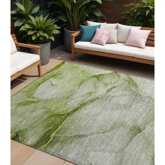 Olive Green Abstract Washable Non Skid Indoor Outdoor Area Rug Photo 1