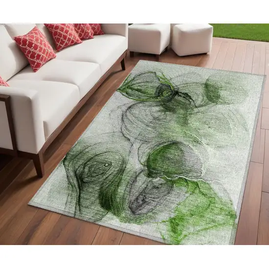 Olive Green Abstract Washable Non Skid Indoor Outdoor Area Rug Photo 1