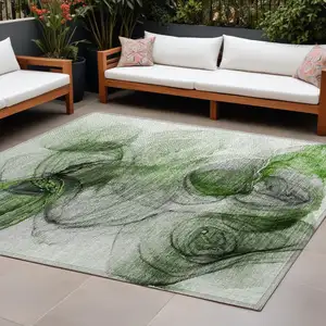 Photo of Olive Green Abstract Washable Non Skid Indoor Outdoor Area Rug