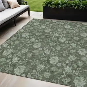 Photo of Olive Green And Artichoke Green Floral Washable Indoor Outdoor Area Rug