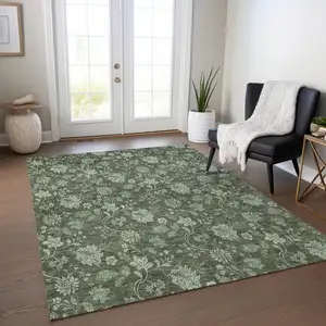 Photo of Olive Green And Artichoke Green Floral Washable Indoor Outdoor Area Rug